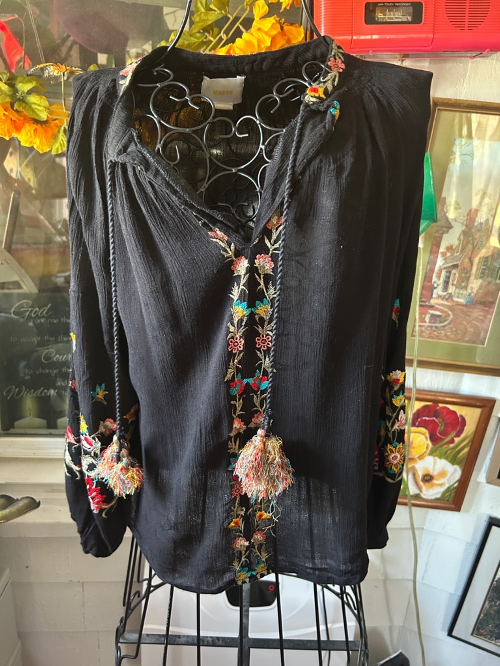 Maeve Black Embroidered Boho Tunic with Multicolor Tassels